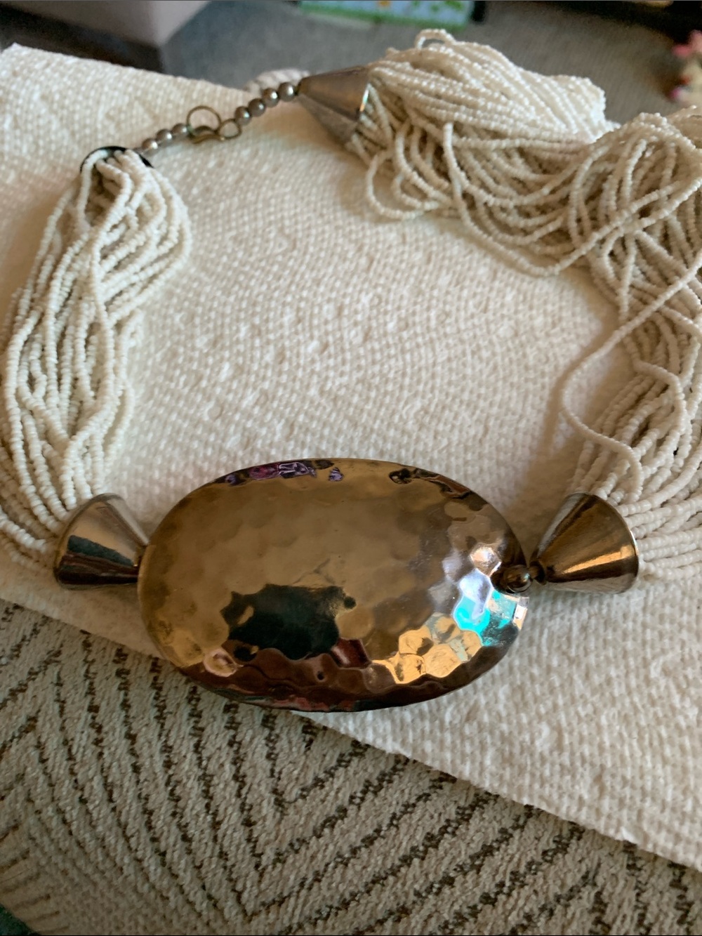 Layered Cream Beaded Necklace with Hammered Silver Accent